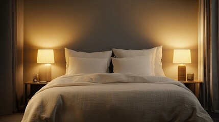 Bed with soft linens and bedside lamps, with blank space for text on the wall.