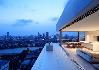 Fototapeta premium Modern Balcony with Cityscape View at Dusk