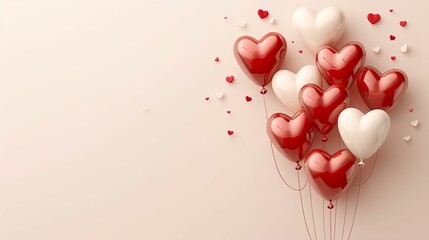 Red and White Heart-Shaped Balloons on a Pale Pink Background