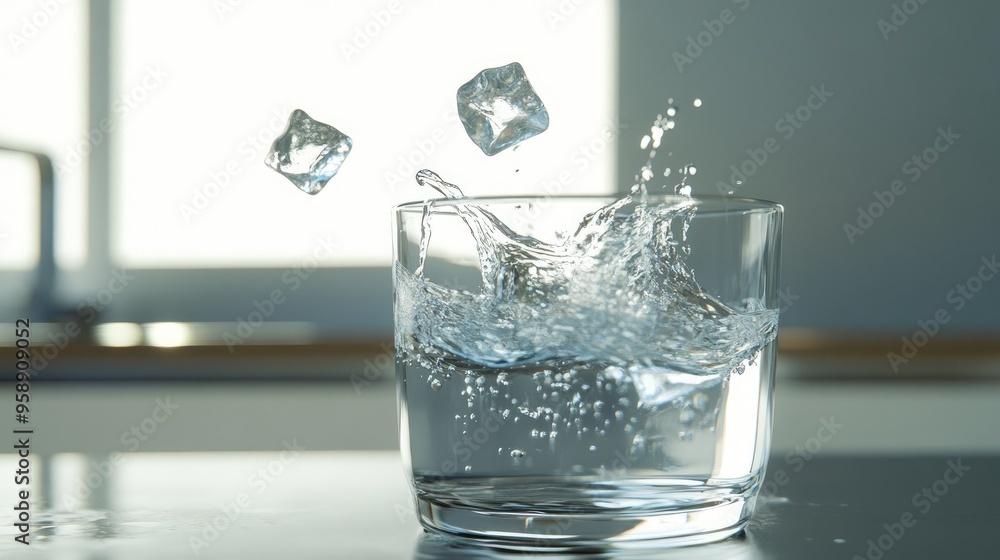 Poster ice cubes splashing into a glass of water, creating bubbles and ripples.