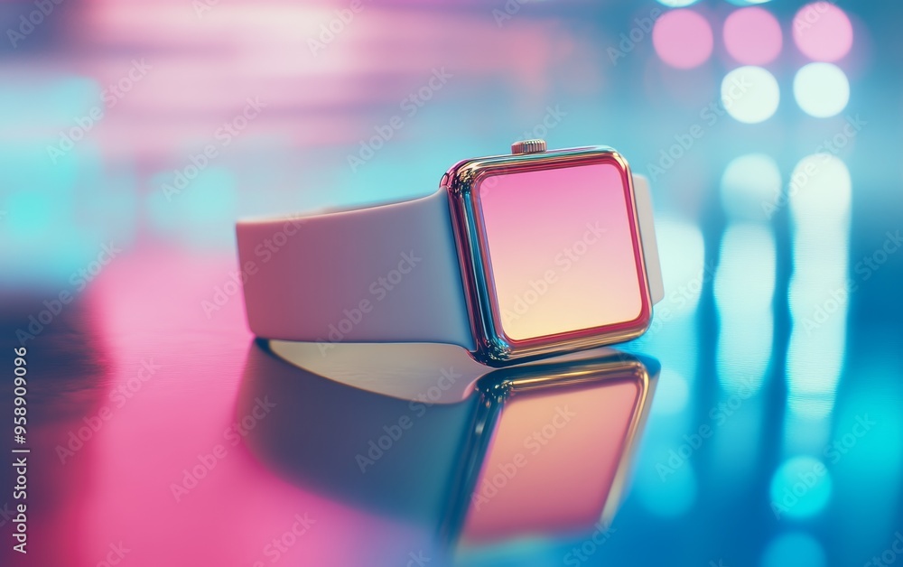 Poster a sleek smartwatch with a colorful gradient display, reflecting light in a modern, stylish setting.