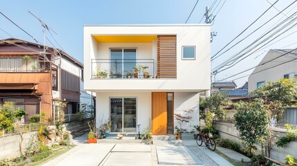 Obraz premium Modern White House with Yellow Accent and Wooden Balcony