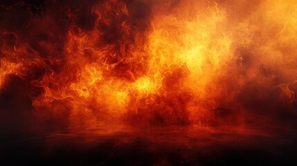 Dramatic fire and smoke effect glowing red and yellow colors burning the floor with text space. Vivid and hot hell abstract or blazing fire background or wallpaper