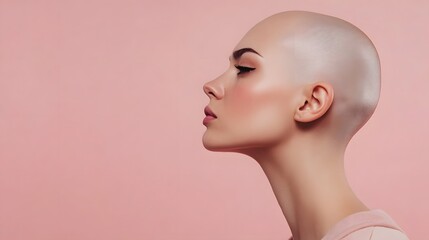 A bald woman with a determined expression stands against a pink background.