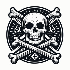 Fototapeta premium Danger warrior skull vector illustration graphic with decorative colourful pattern with sword and crossbones t-shirt Dark Art Skull Head with Bone Black and White Illustration Skull and crossbones hap