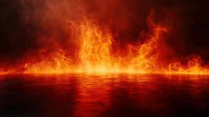 Dramatic fire and smoke effect glowing red and yellow colors burning the floor with text space. Vivid and hot hell abstract or blazing fire background or wallpaper