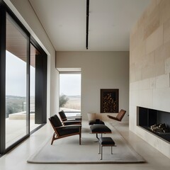 Obraz premium Modern Minimalist Living Room Interior Design with Fireplace and Large Windows