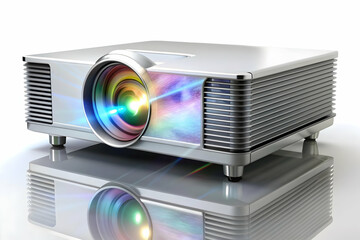 Holographic Presentation Slides Concept: Projector Displaying Futuristic Visuals with Copy Space on White Background. Technology and Innovation in Photo Stock