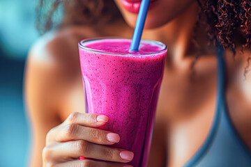 A woman is drinking a pink smoothie with a straw