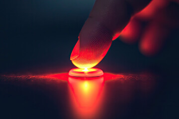 A single fingertip hovers above a glowing red button, radiating warmth and anticipation in the darkness.