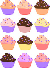cartoon cupcakes pattern, set. colorful