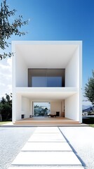 Modern Minimalist White House with Gravel Pathway and a Wooden Deck