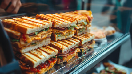 Fototapeta premium A bunch of sandwiches on a wooden cutting board. Perfect for food blogs or restaurant menus