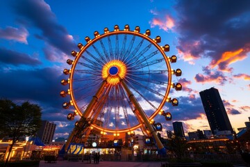 Ferris wheel, at dusk, fading light creates a serene atmosphere as day transitions to night