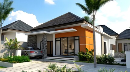 Fototapeta premium Modern House Design with Orange Wall and Palm Trees