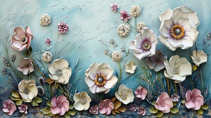 3D Floral Arrangement on a Textured Blue Background