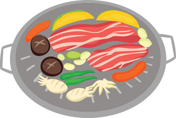 Cartoon korean bbq illustration on transparent background.

