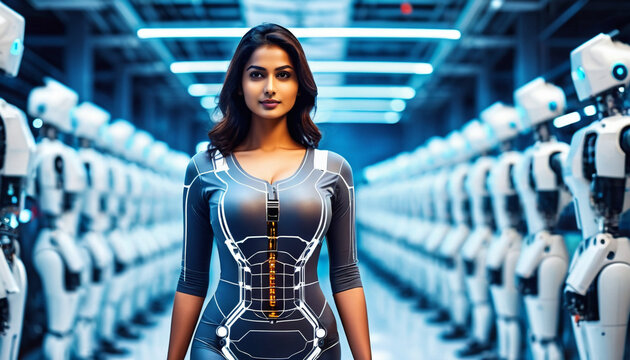 Attractive Indian girl working on futuristic AI enabled humanoid technology