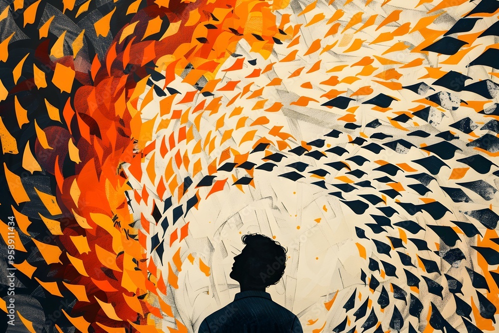 Poster Abstract Illustration of Man Looking at Geometric Pattern