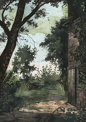 Watercolor Illustration of an Old Stone Building in the Woods