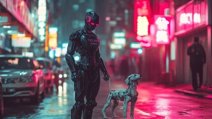 Cyberpunk Cityscape: Robot and Dog