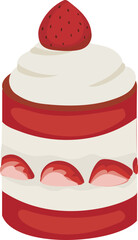 Cartoon strawberry cake illustration on transparent background.

