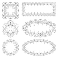 Set of decorative frames for your project. Lacy round and square frames. Isolated monochrome black decorative element on white background. Lace of curved lines. Classic vintage design.