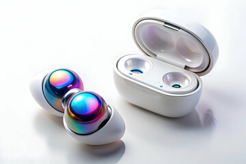 Cutting-Edge Wireless Earbuds with Holographic Sound Controls in Futuristic Concept - Top-Down Shot of Earbuds on White Surface with Digital Elements Floating Above, Emphasizing Interaction. Copy Spac
