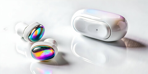 Cutting-Edge Wireless Earbuds Featuring Holographic Sound Controls - Top-Down Concept Shot with Copy Space for Innovative Technology
