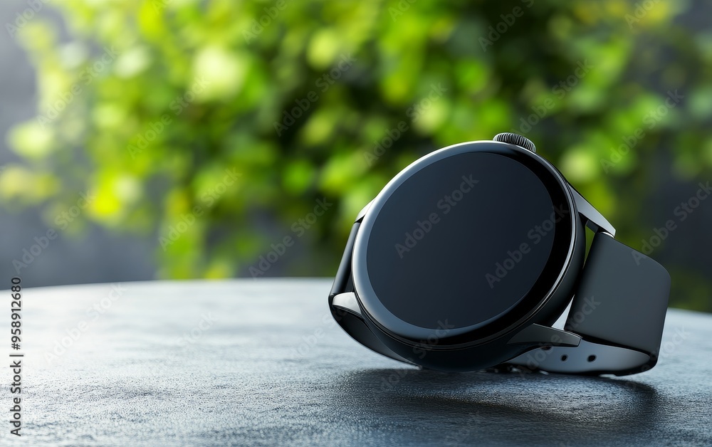 Poster a sleek smartwatch resting on a textured surface with a blurred green background, emphasizing techno