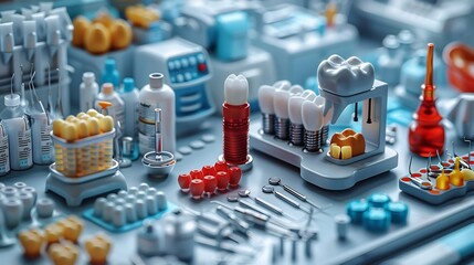 Vibrant depiction of dental care equipment including ultrasonic cleaners sterilization devices and diagnostic tools with professional and engaging design