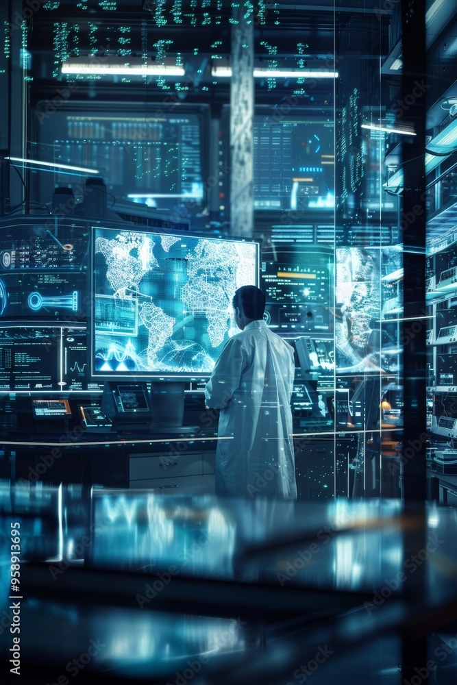 Poster scientist analyzing climate data in advanced laboratory with multiple digital screens and earth proj