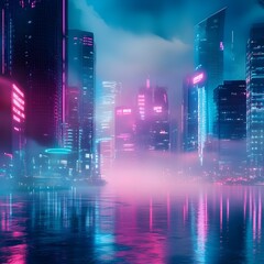 Futuristic cityscape bathed in neon lights, shrouded by swirling fog wallpaper