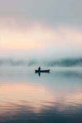 Fototapeta premium Serene Lake at Dawn with Mist and Lone Fisherman Boat Capturing Tranquility and Freedom