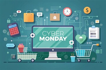 A minimalist Cyber Monday sale banner with sleek icons of electronics, shopping carts, and discount codes, set against a modern, tech-themed background, emphasizing the online shopping experience.