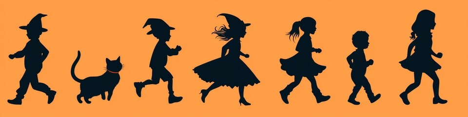 Silhouette of Children and a Cat in Halloween Costumes Walking Against an Orange Background