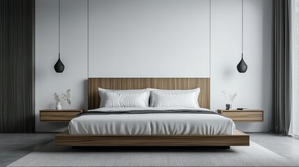Minimalist bedroom featuring a large bed and nightstands, ample copy space on the wall.