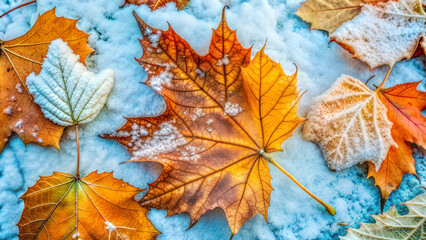 Autumn leaves on snow background with frost details, nature's beauty, colorful and textured 