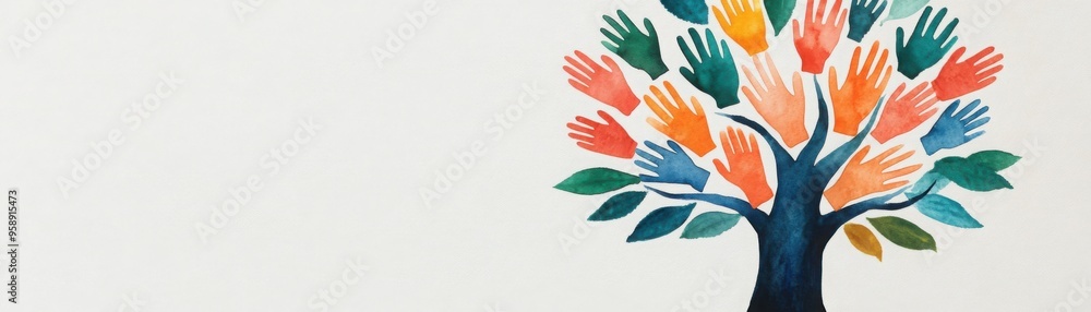 Poster a tree growing from the earth with diverse hands as branches, symbolizing unity and progress, waterc