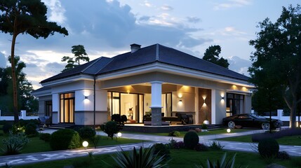 Fototapeta premium Modern House Design with Black Car and Landscaping