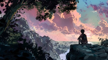 Fototapeta premium Man Sitting on a Mountain Cliff at Sunset
