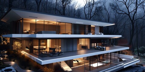 Fototapeta premium Modern Minimalist House With Large Windows In Forest