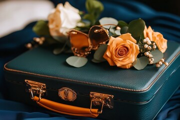 Open suitcase, wedding attire, special occasion indicates travel plans for an important celebration