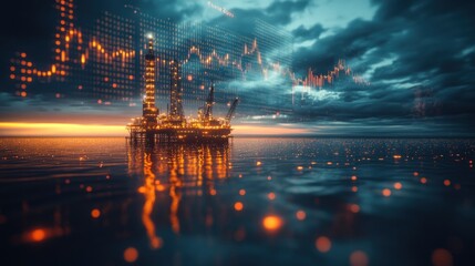 Oil rig juxtaposed with digital stock chart highlighting oil-market relationship