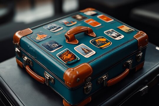 Open suitcase, vintage labels, globetrotterâ€™s pride reveal past destinations visited and explored