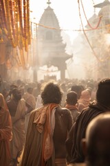 Obraz premium Vibrant Religious Festival with Colorful Decorations and Lone Observer