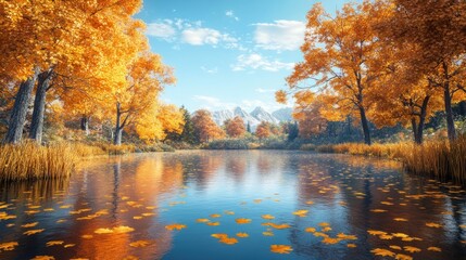Obraz premium Serene autumn landscape of a still pond surrounded by trees with golden leaves