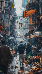 Lively Street Market with Shoppers and Lanterns Amidst Economic Constraints