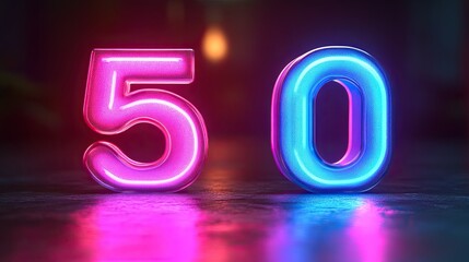 neon linear number five an colorful clou glowing with pink blue neon light abstract fantasy background