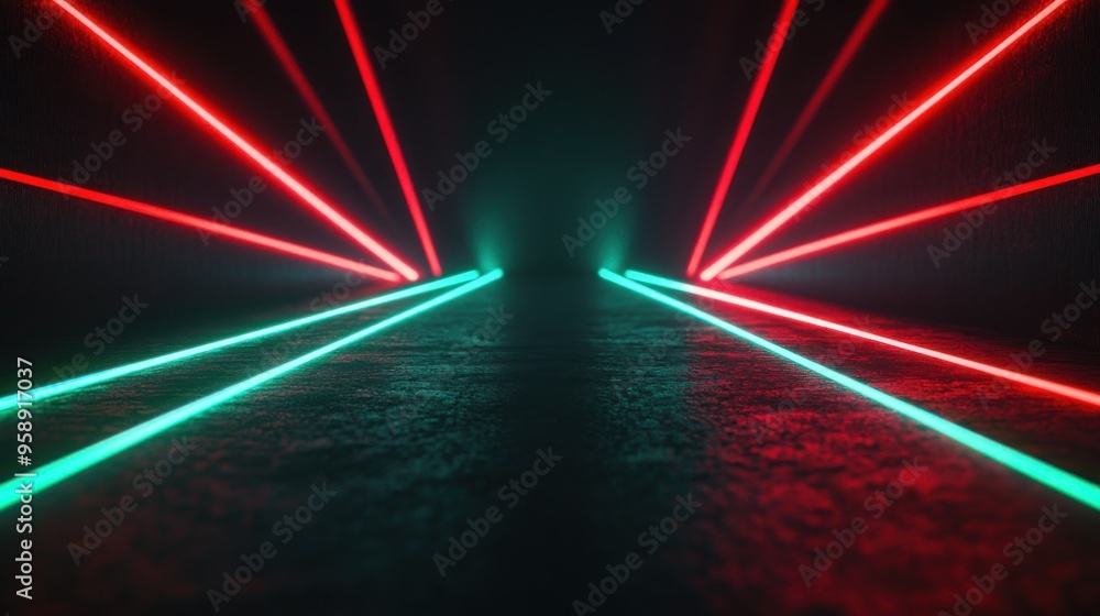 Poster complex laser beams: intersecting beams in deep red and green create a futuristic sci-fi theme on a 